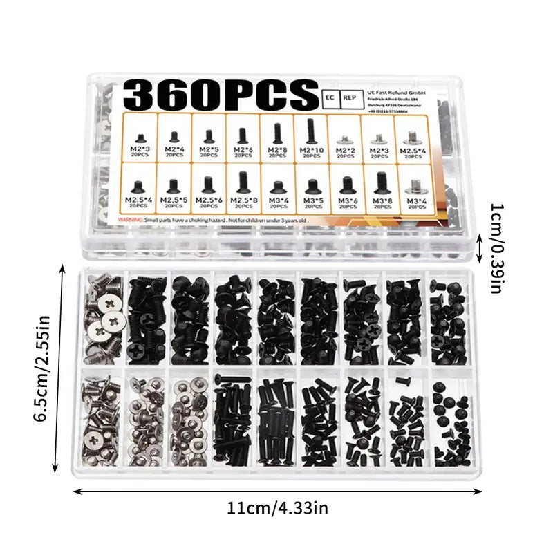 360pcs M2 M2.5 M3 Notebook Screws Black/Silvery Notebook Screws Kit Flat Head Screws with Screwdriver for Dell for Sony IBM HP