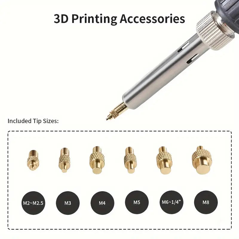 Brass Heat Insert Nut Tool Kit for 3D Printers - M2 to M8 Sizes, Compatible with Standard Soldering Iron Tips, Polished Finish