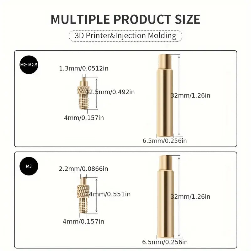 Brass Heat Insert Nut Tool Kit for 3D Printers - M2 to M8 Sizes, Compatible with Standard Soldering Iron Tips, Polished Finish