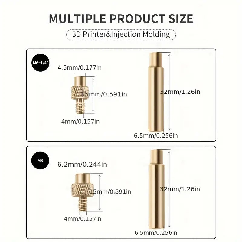 Brass Heat Insert Nut Tool Kit for 3D Printers - M2 to M8 Sizes, Compatible with Standard Soldering Iron Tips, Polished Finish