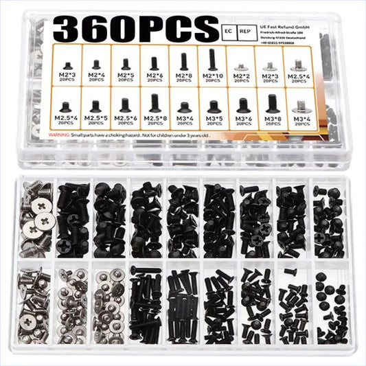 360pcs M2 M2.5 M3 Notebook Screws Black/Silvery Notebook Screws Kit Flat Head Screws with Screwdriver for Dell for Sony IBM HP